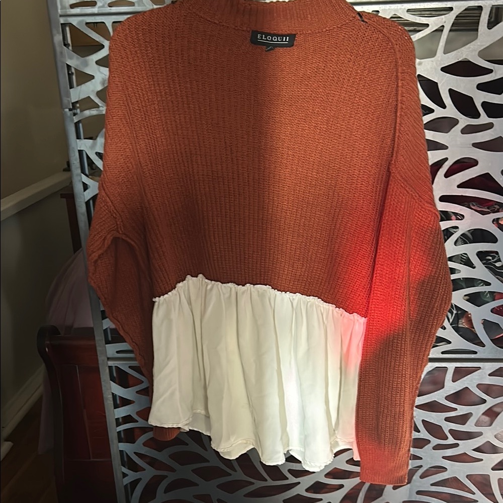 Eloquii Rust Sweater with White Ruffle Hem